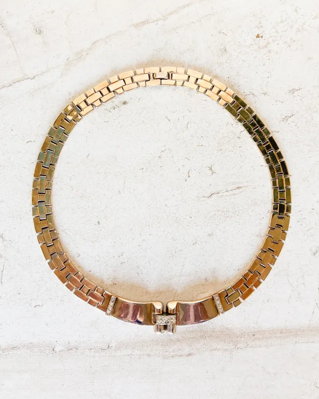 Vintage Signed Gold Tone Brick Link Rhinestone Choker Necklace made by Care Tucker