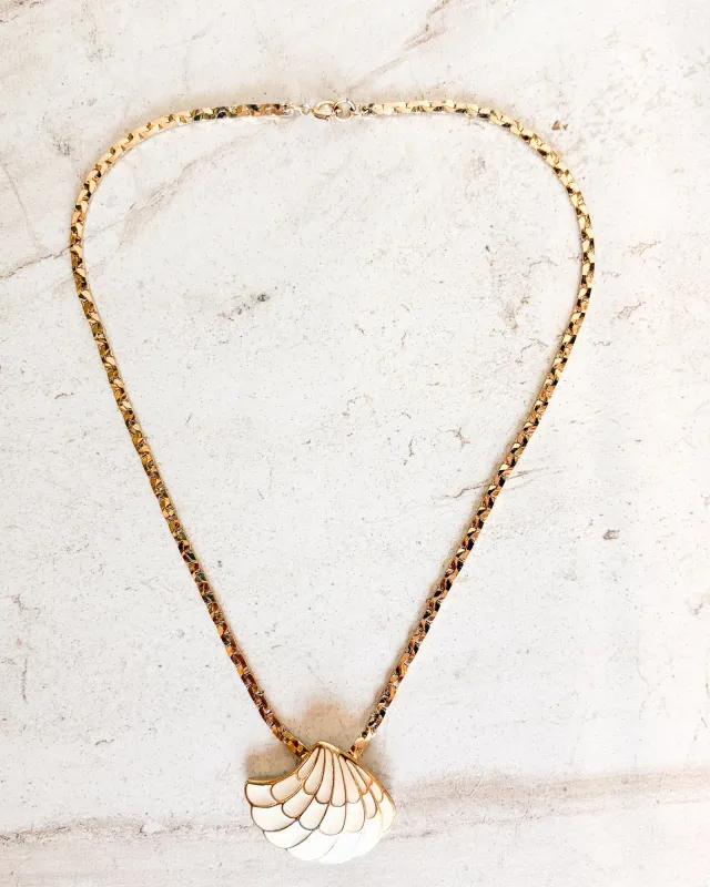 Vintage Gold and White Enamel Seashell Pendant Necklace made by Care Tucker