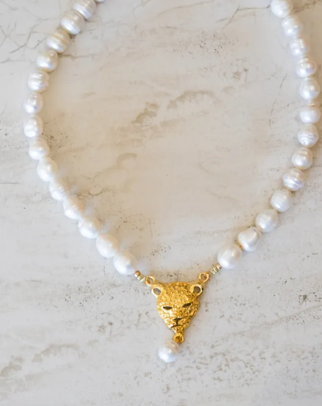 Leopard & Genuine Freshwater Pearl Necklace made by Care Tucker
