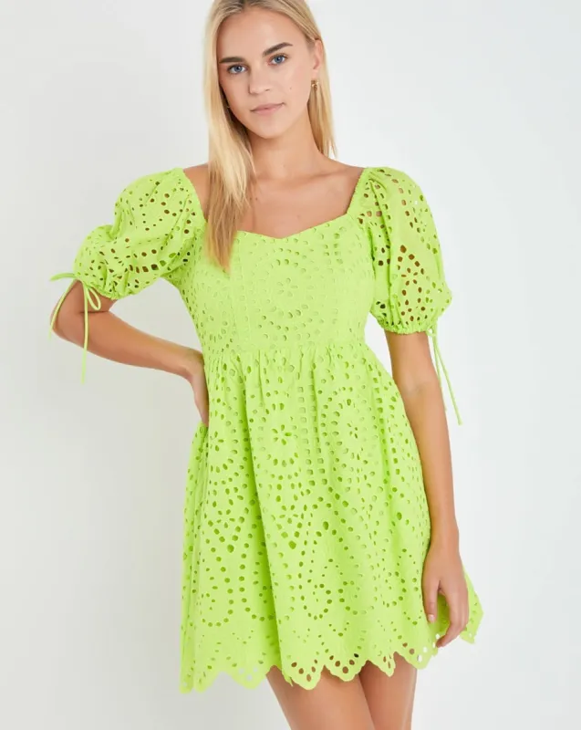 Eyelet Scallop Edge Mini Dress sold by Care Tucker