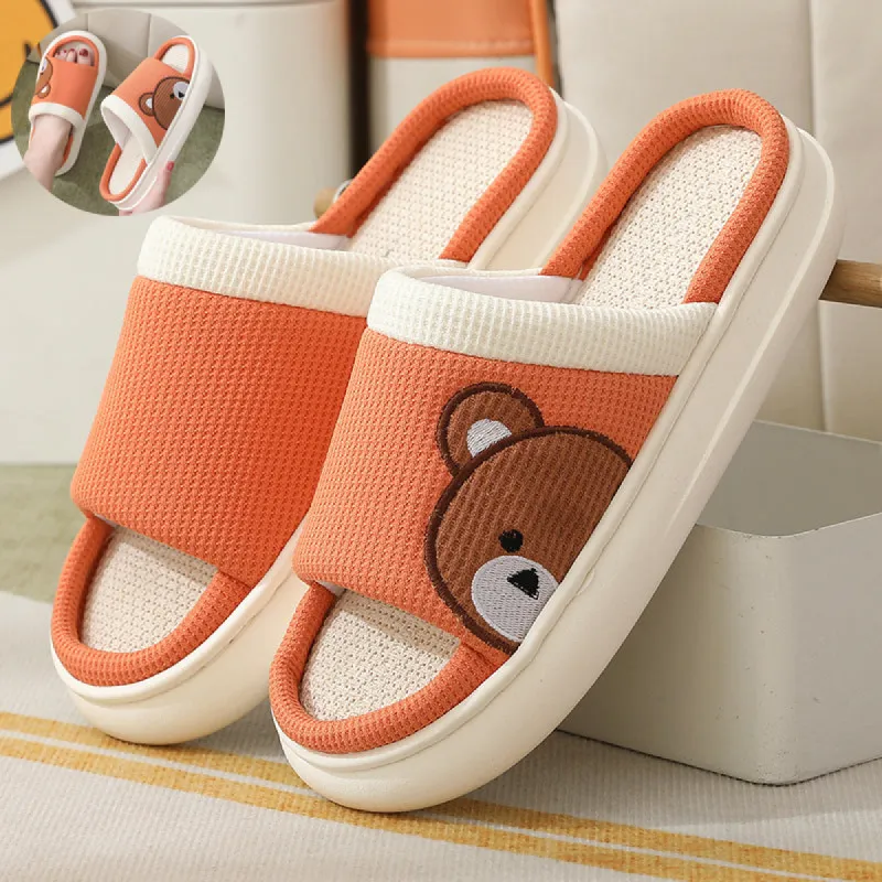 Cute Cartoon Bear Linen Slippers For Women Indoor Non-slip Sweat-absorbent Breathable Slip On Floor Bedroom Slipper House Shoes sold by Cloud Walker Slippers