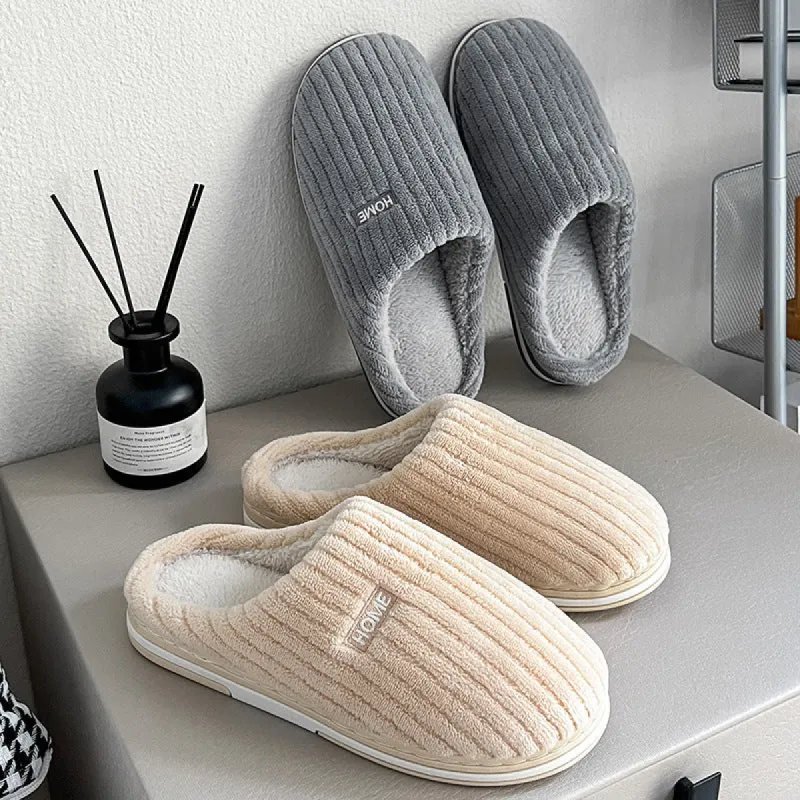 Solid Color Simple Cotton Slippers Winter Non-slip Home Warm Plush Slippers Household Indoor Couple Women's House Shoes sold by Cloud Walker Slippers