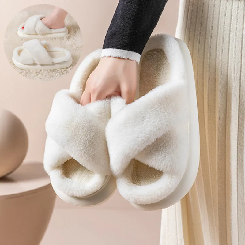Women's Platform Fuzzy Home Slippers Winter Open Toe Criss-cross Solid Color Casual Floor Slides Indoor Flat Comfy House Shoes sold by Cloud Walker Slippers
