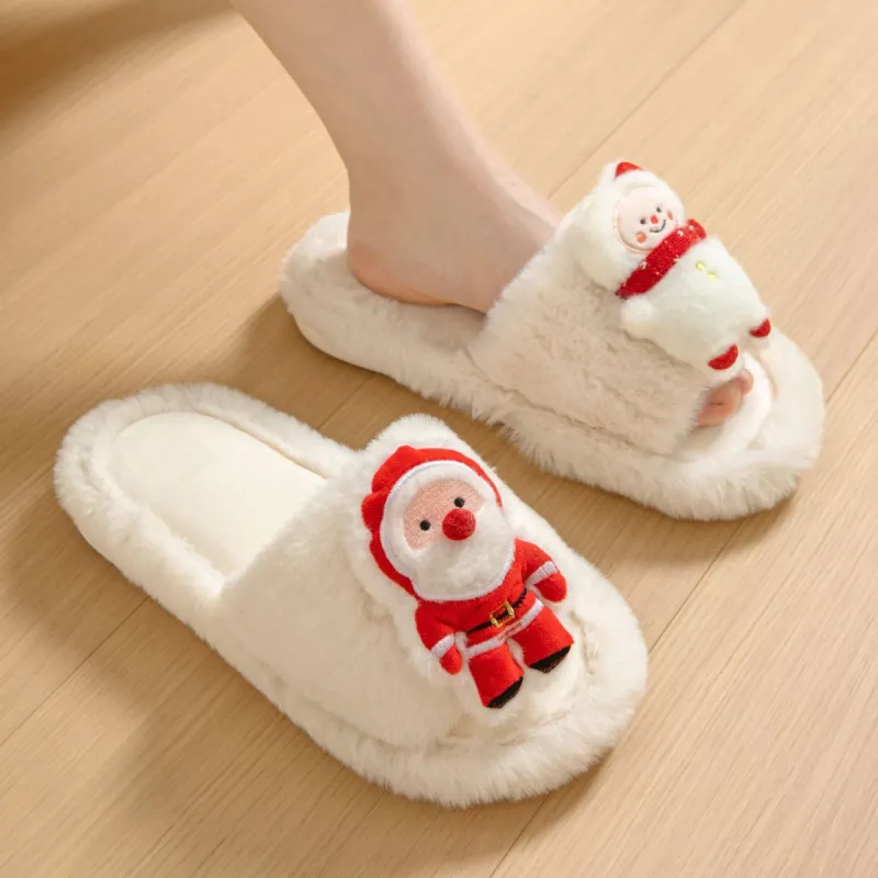 Christmas Shoes Ins Santa Claus Open-toe Cotton Slippers Winter Home Indoor Floor Plush Warm Furry Slippers Women sold by Cloud Walker Slippers