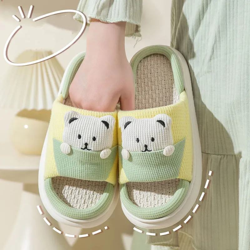 Cute Cartoon Bear Slippers Spring And Autumn Fashion Thick-soled  Mute Linen Slipper Women's House Shoes sold by Cloud Walker Slippers