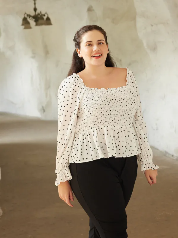Plus Heart Print Smocked Peplum Blouse sold by Daily Thread