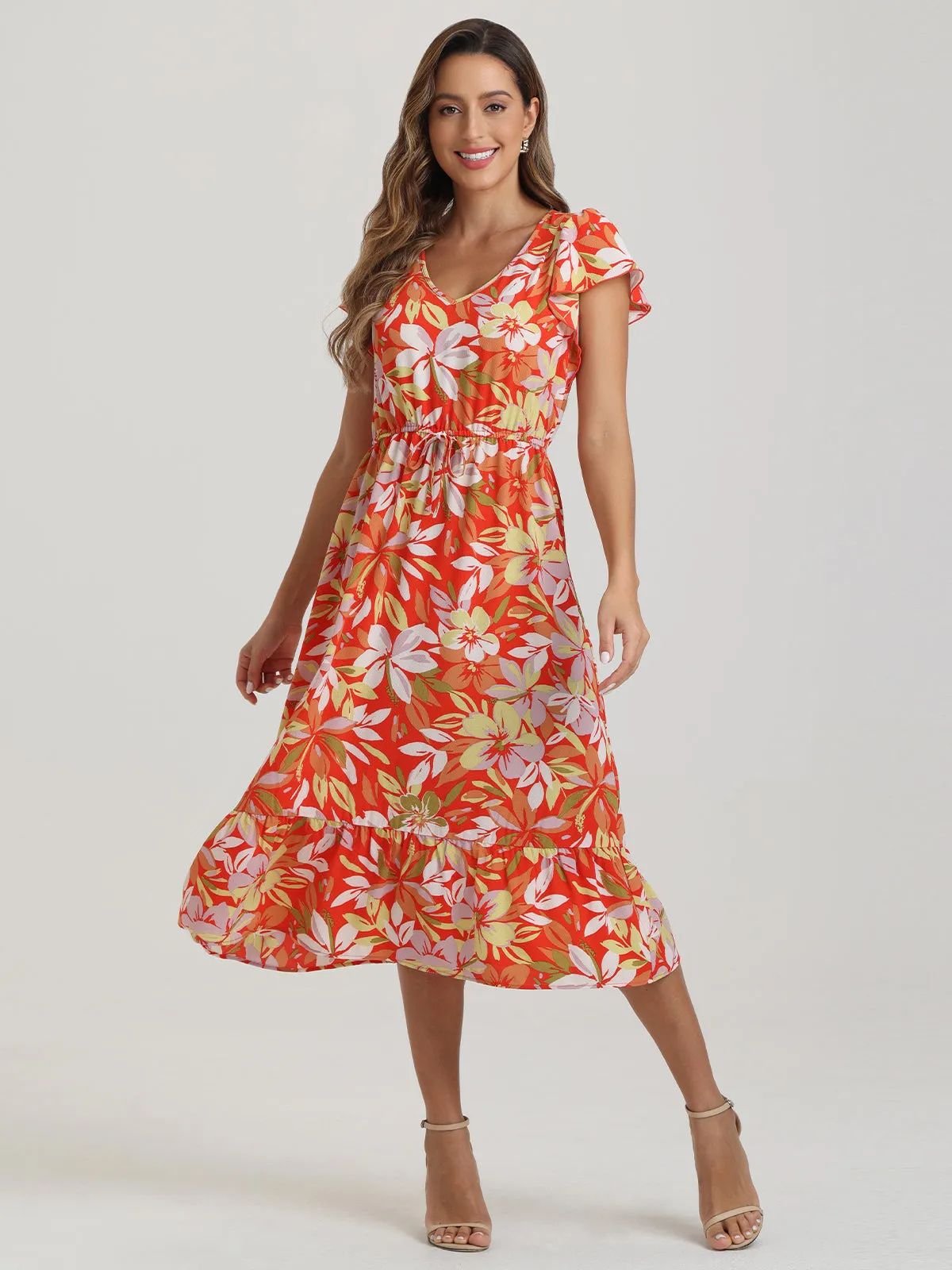 Floral Flutter Sleeve Midi Dress sold by Daily Thread