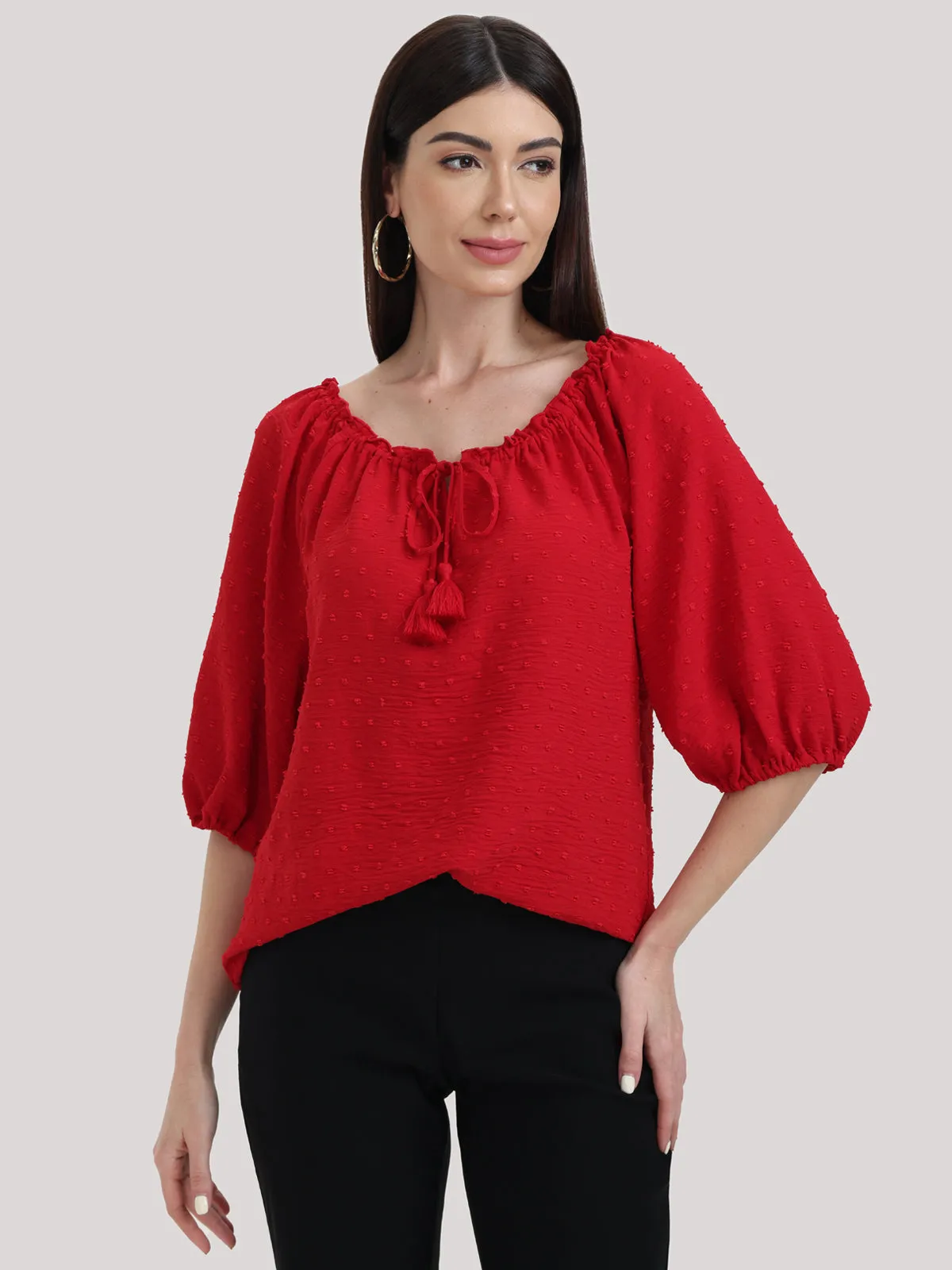Jacquard Tie Neck Ruffle Top sold by Daily Thread