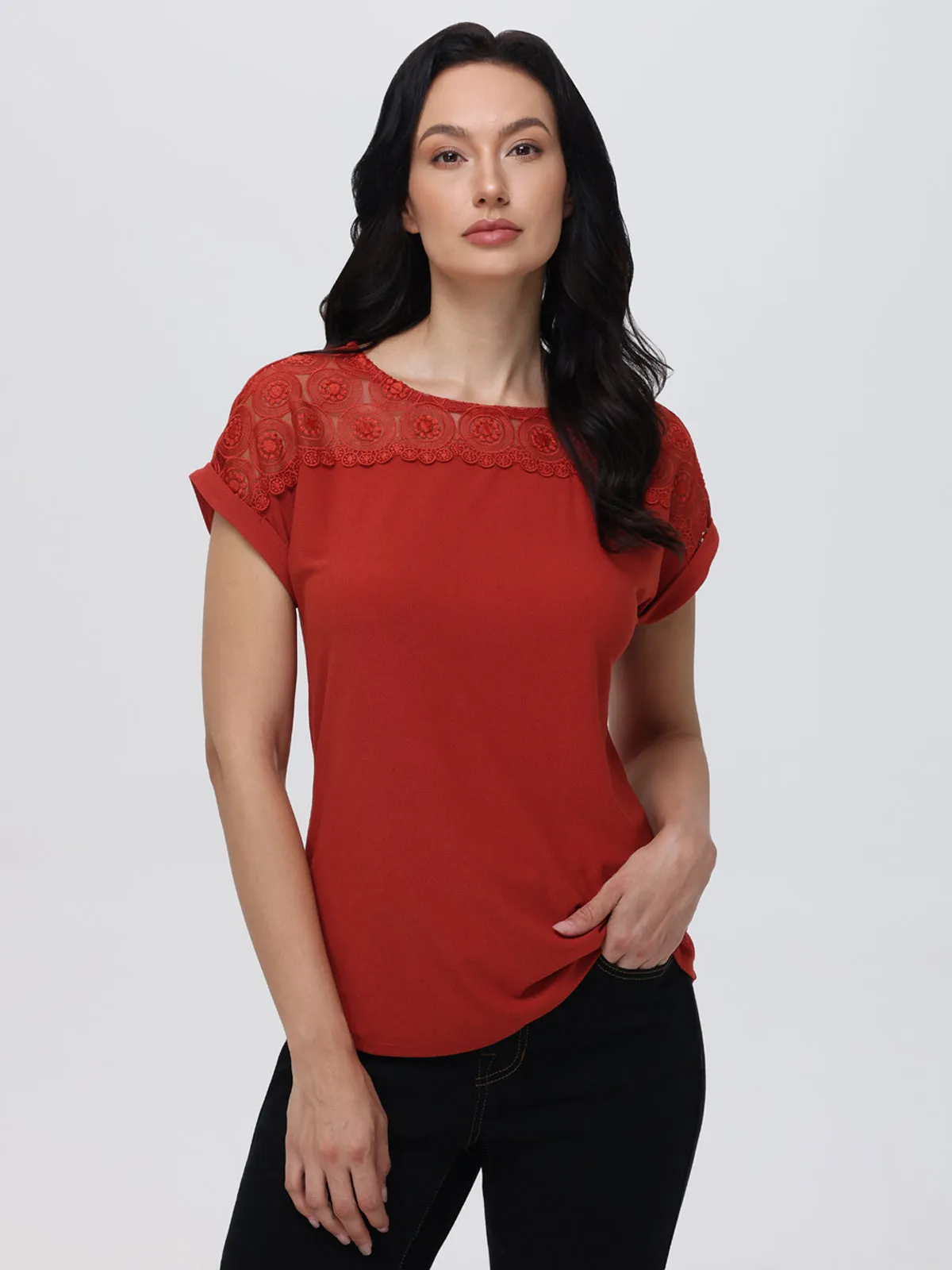 Lace Panel Rolled Cuff Top sold by Daily Thread
