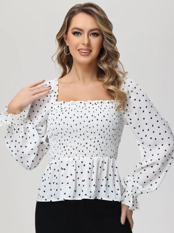 Heart Print Smocked Peplum Blouse sold by Daily Thread
