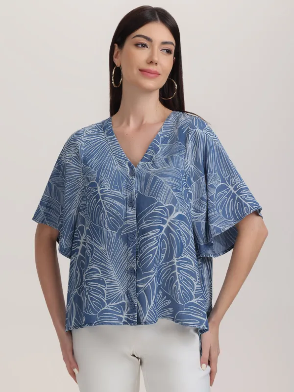 Button Front Leaf Print Blouse sold by Daily Thread