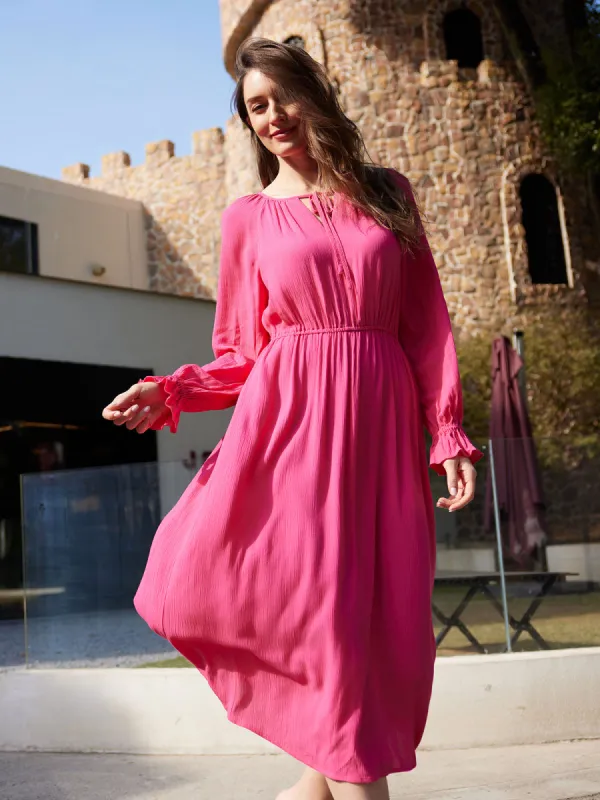 Tie Neck Ruffle Cuff Midi Dress sold by Daily Thread