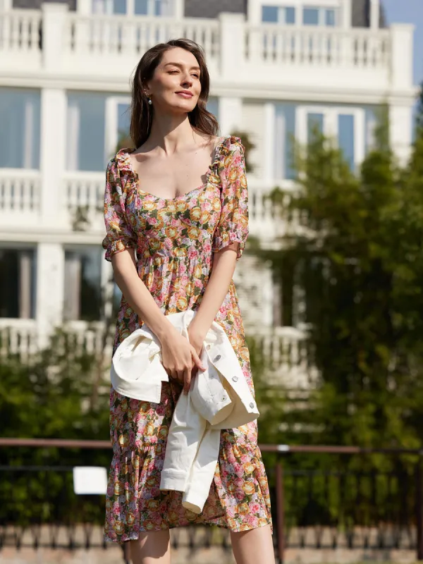 Floral Puff-Sleeve Midi Dress sold by Daily Thread