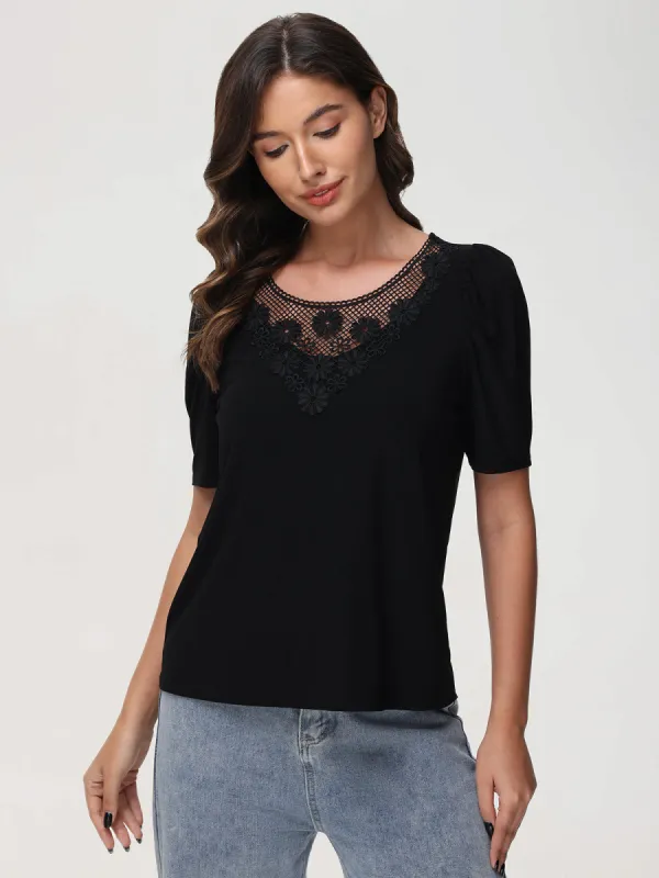 Crochet Neck Elbow Sleeve Cool Top sold by Daily Thread