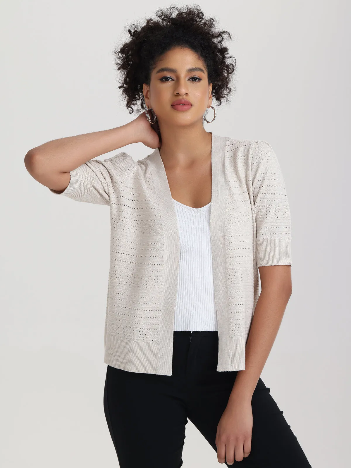 Puff Sleeve Pointelle Open Cardigan sold by Daily Thread