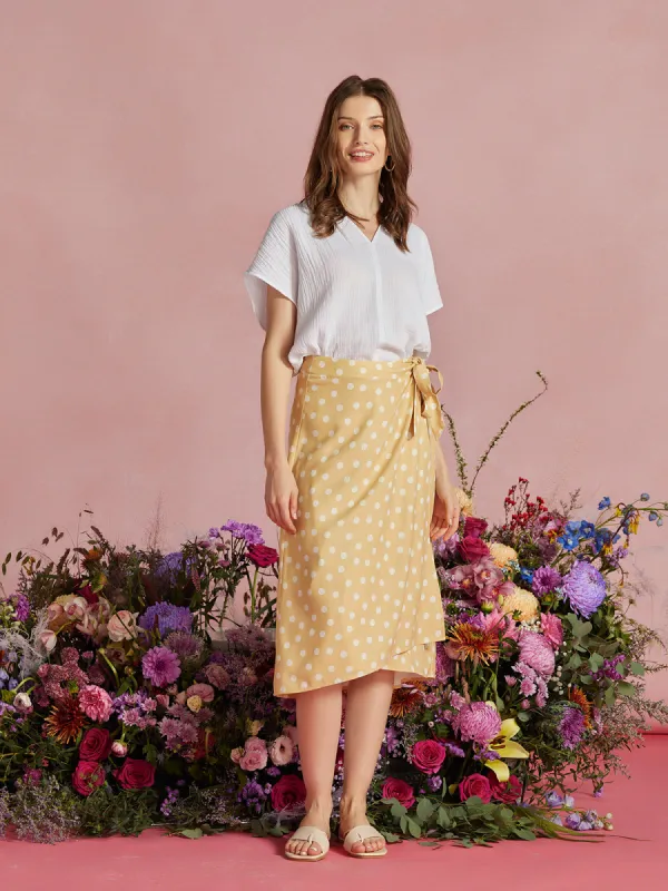 Polka Dot Faux Wrap Midi Skirt sold by Daily Thread