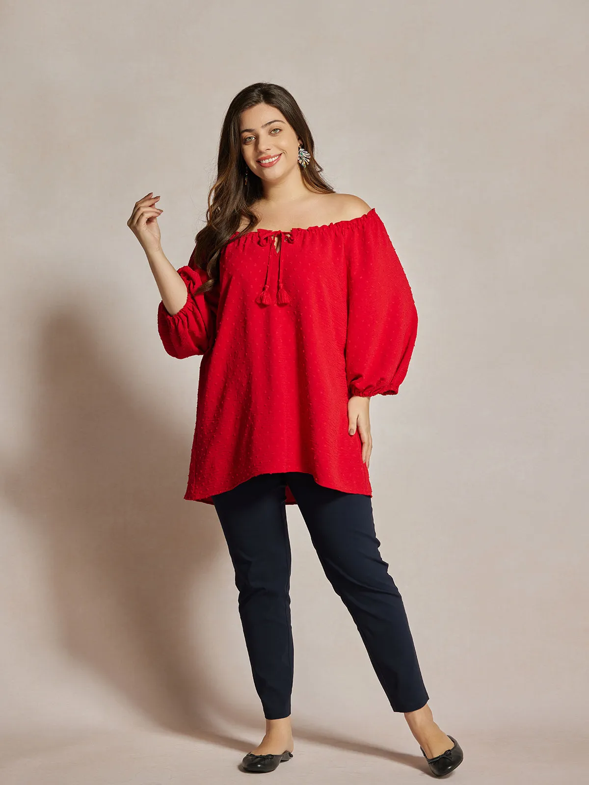 Plus Jacquard Tie Neck Ruffle Top sold by Daily Thread