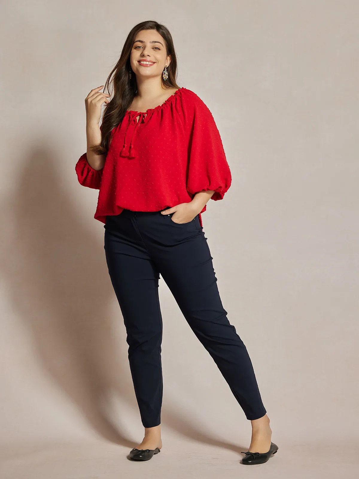 Plus Jacquard Tie Neck Ruffle Top sold by Daily Thread product image thumbnail 3
