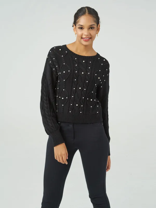Pearl Embellished Cable Sweater sold by Daily Thread