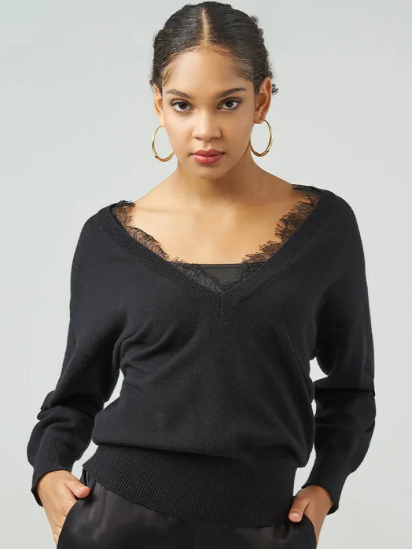 Lace Inset V-Neck Pullover sold by Daily Thread