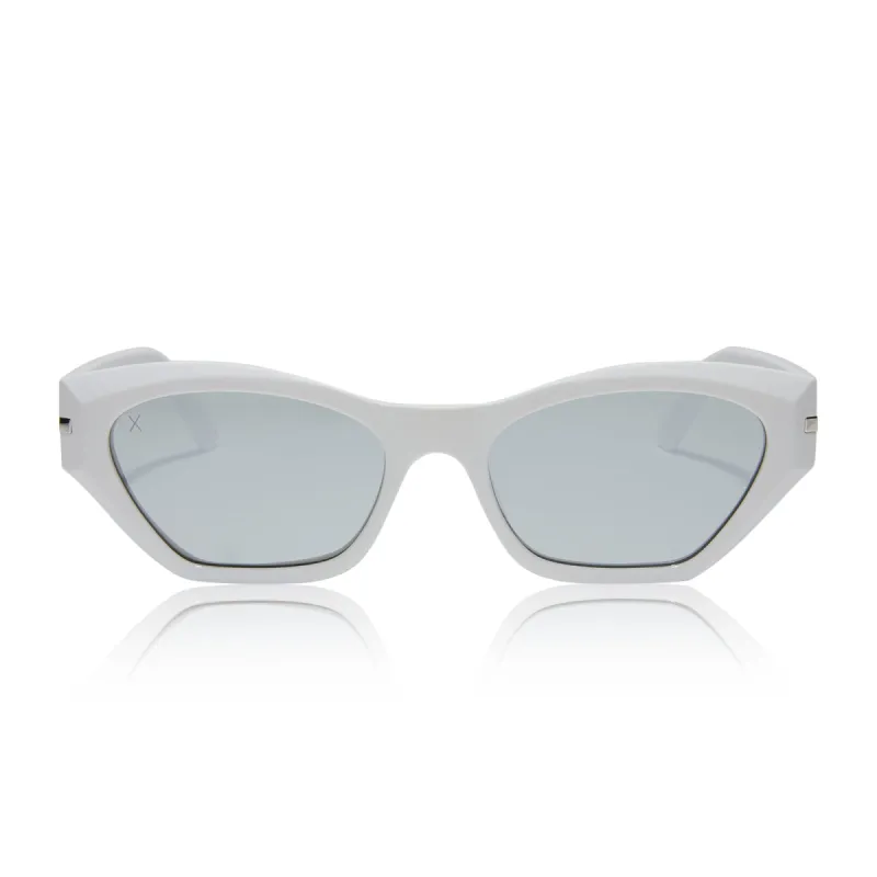 sawtelle - glossy white + silver mirror polarized sunglasses sold by Dime Optics