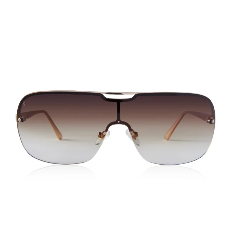 wilshire - shiny gold + brown gradient sharp sunglasses sold by Dime Optics