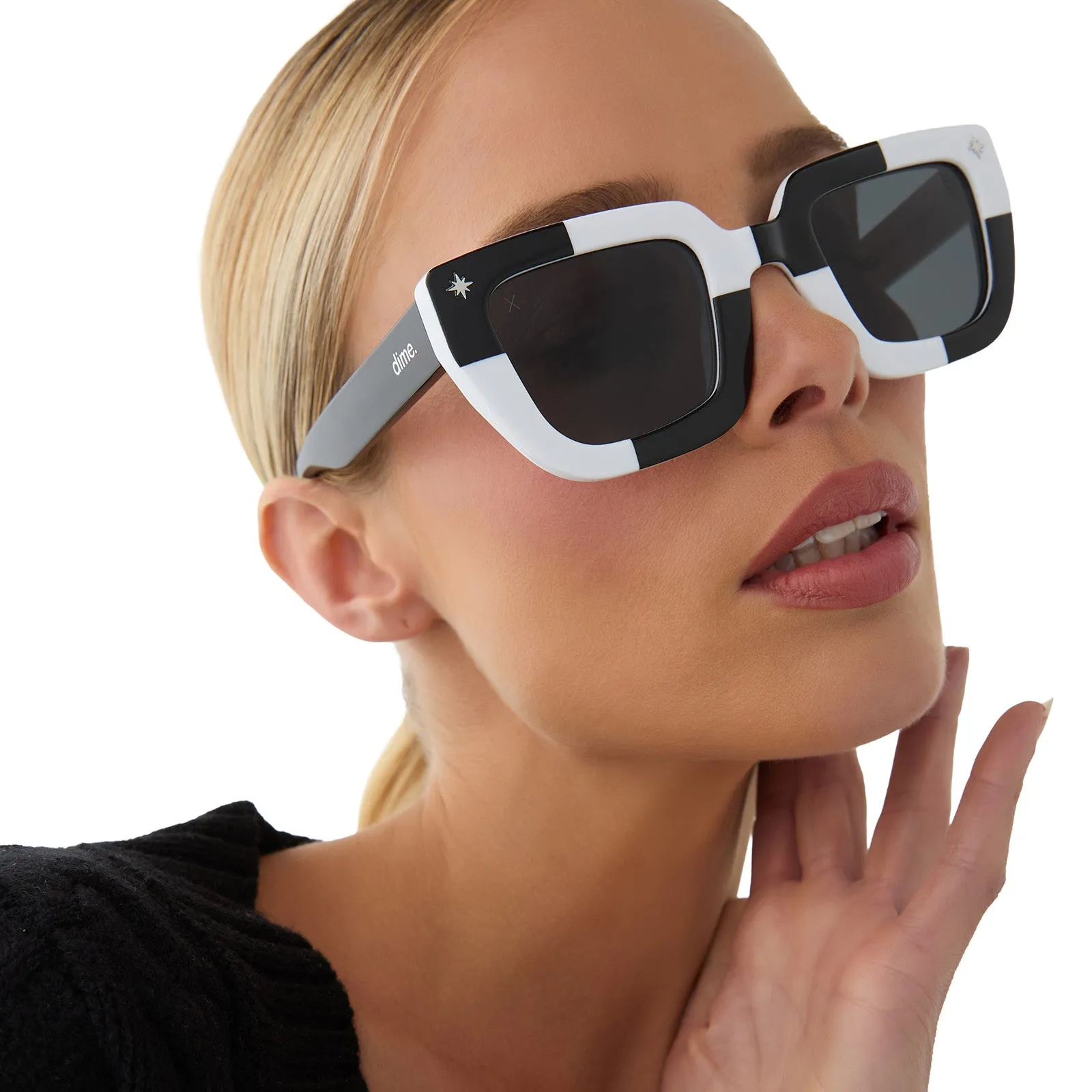 the wednesday addams - macabre black + white checkerboard + woeful smoke polarized sunglasses sold by Dime Optics product image thumbnail 2