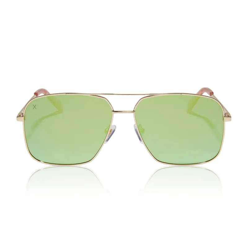 encino - gold + cyan mirror polarized sunglasses sold by Dime Optics