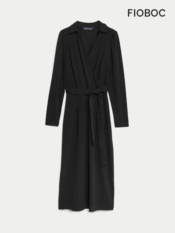FIOBOC Collared Midi Wrap Dress sold by Fioboc
