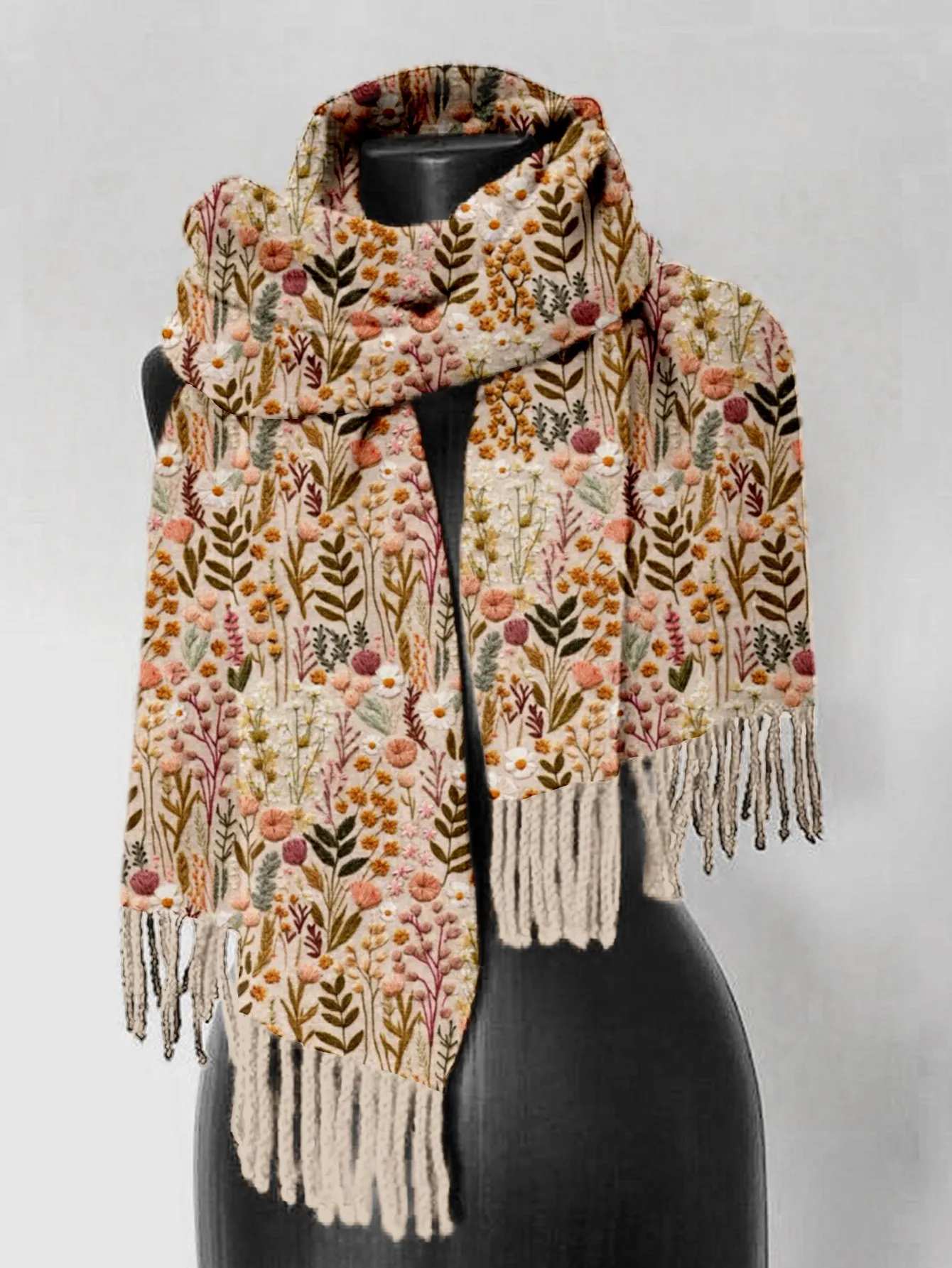 Wildflower Meadow Floral Embroidered Comfy Tassel Scarf sold by Fioboc