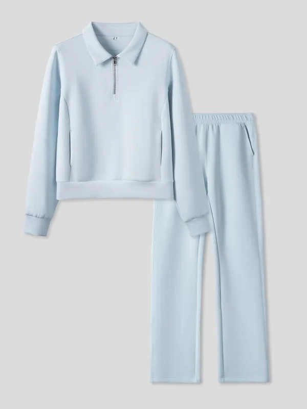 Women Modal Blend Collared Zip Tee And Drawstring Flare Pants Set sold by Fioboc