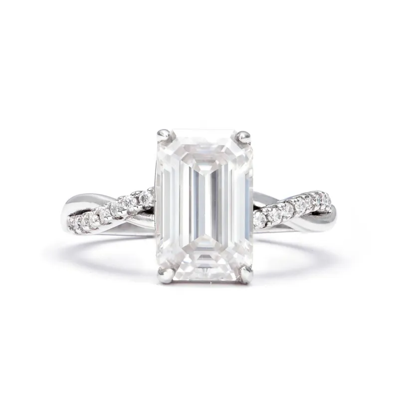 Twisted Vine Emerald Cut Moissanite Ring in Sterling Silver sold by Ghetluxe