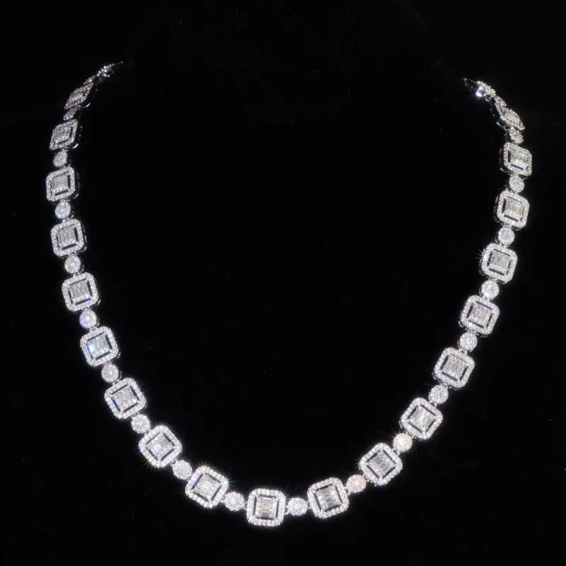 9.5mm Moissanite S925 Baguette Clusted Tennis Chain in White Gold sold by Ghetluxe