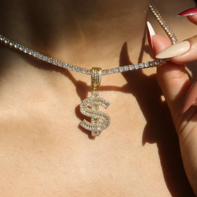 Women's Baguette Initial Pendant with 4mm Tennis Chain sold by Ghetluxe