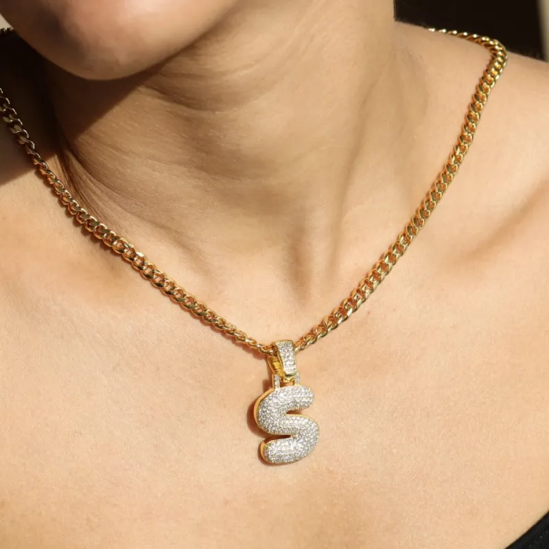 Women's Diamond Bubble Letter Pendant with 5mm Cuban Link sold by Ghetluxe