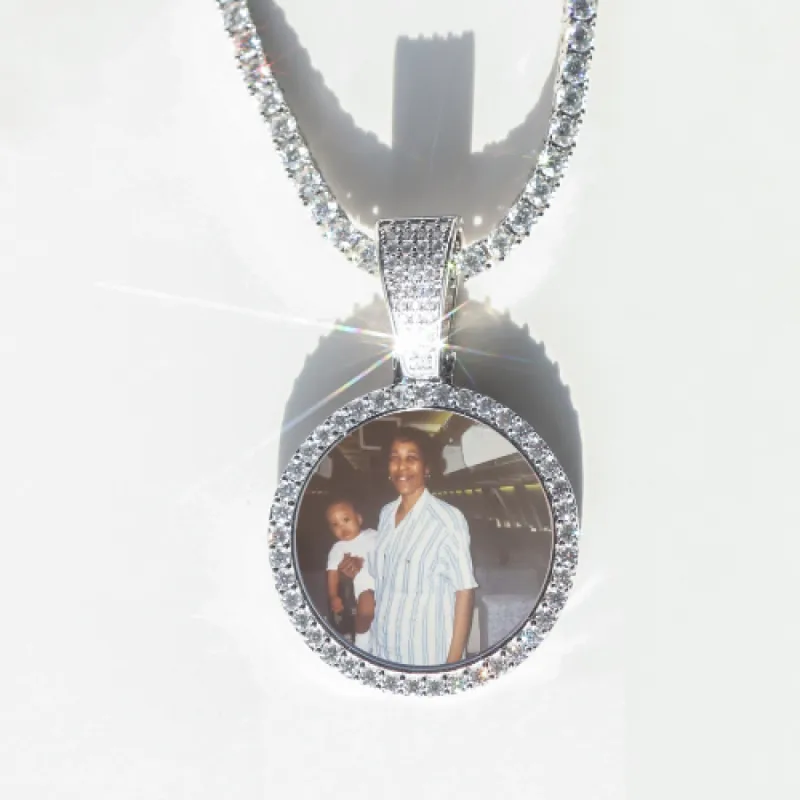 Round VVS Moissanite Custom Photo Pendant in Vermeil sold by Ghetluxe