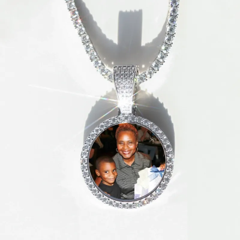 Round VVS Moissanite Custom Photo Pendant in Vermeil sold by Ghetluxe