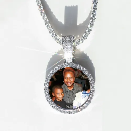 Round VVS Moissanite Custom Photo Pendant in Vermeil sold by Ghetluxe