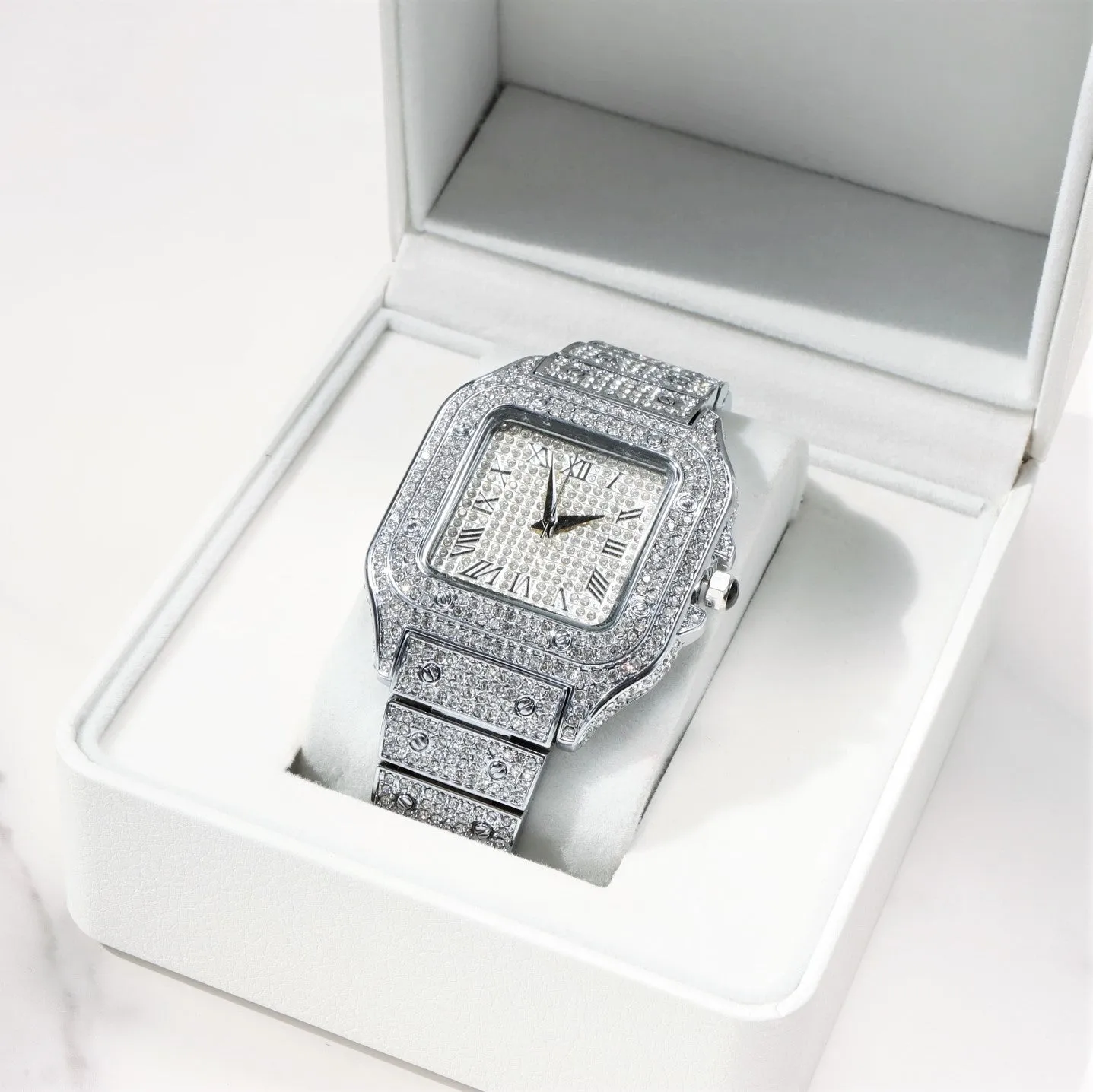 Full Iced Square Roman Numerals Stainless Steel White Gold Plated Watch sold by Ghetluxe