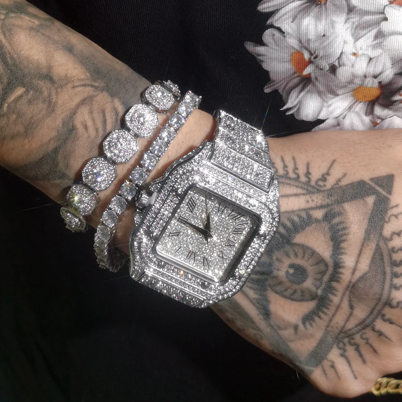 Full Iced Square Roman Numerals Stainless Steel White Gold Plated Watch sold by Ghetluxe product image thumbnail 2