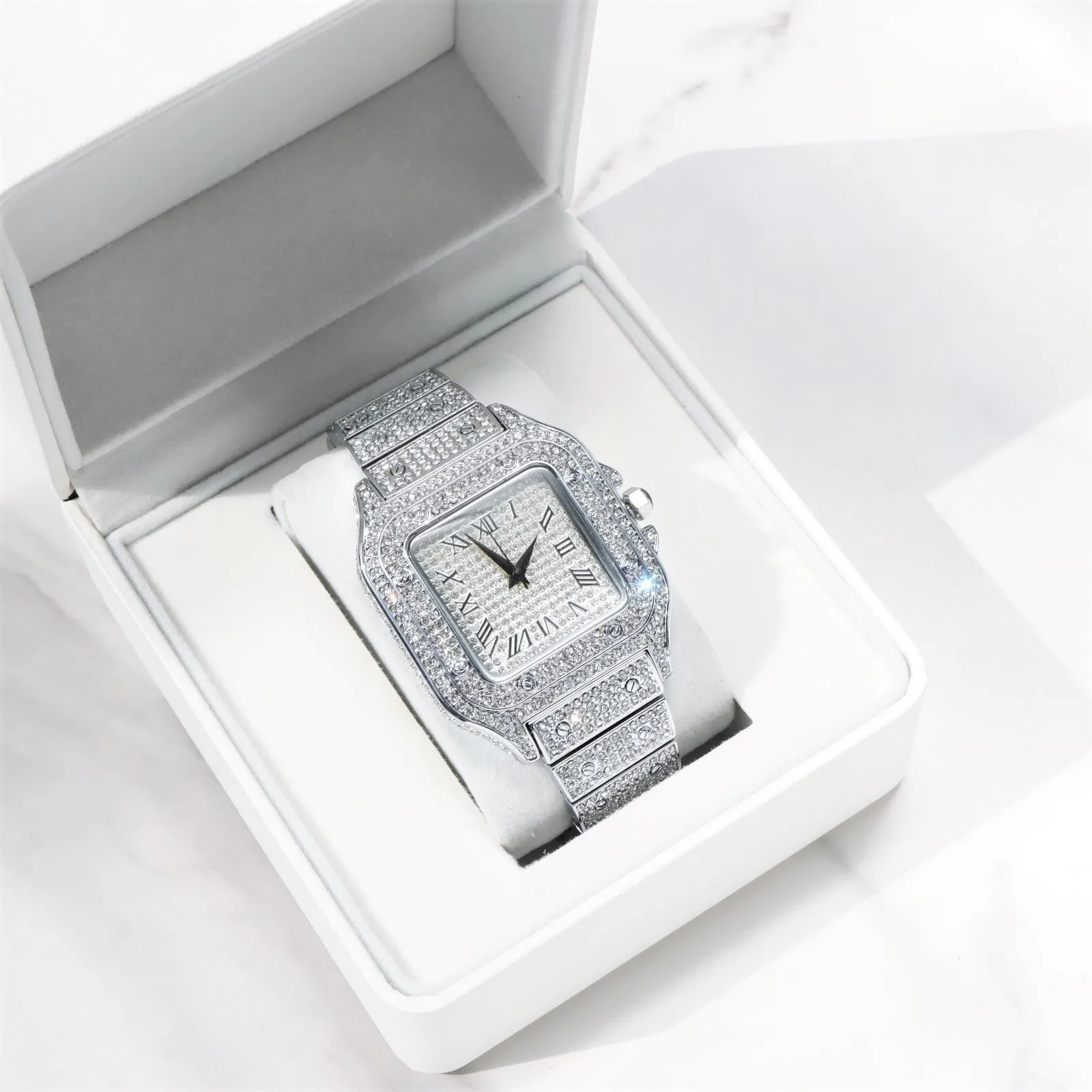 Full Iced Square Roman Numerals Stainless Steel White Gold Plated Watch sold by Ghetluxe product image thumbnail 3