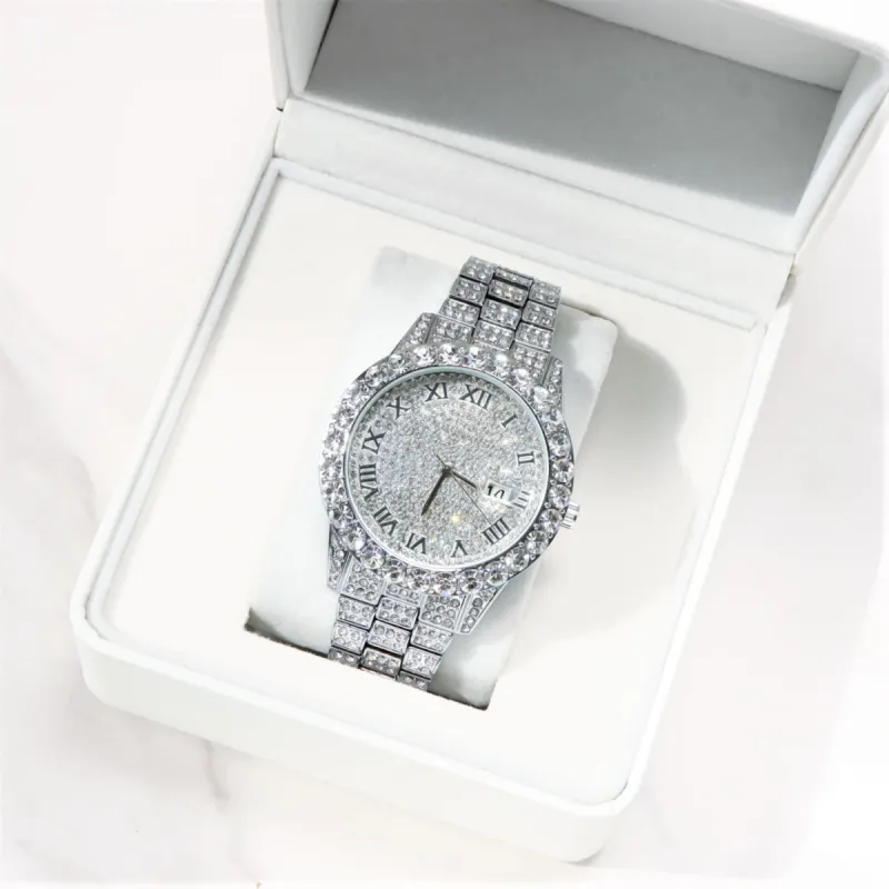 17mm Stainless Steel Waterproof White Gold Watch with Diamond sold by Ghetluxe