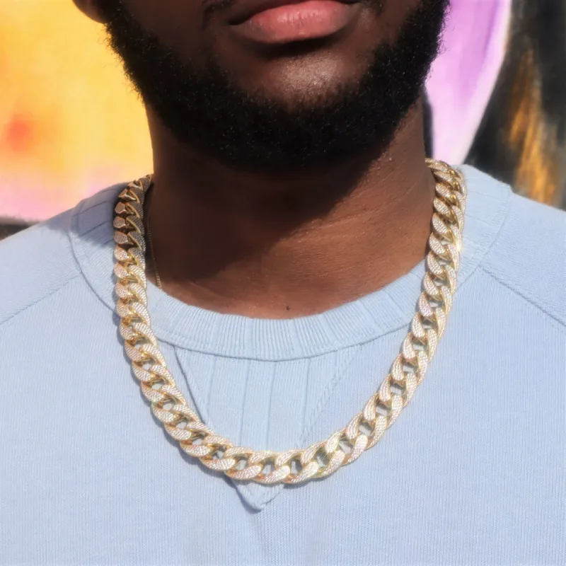 15mm Iced Cuban Link Chain in 18K Gold sold by Ghetluxe