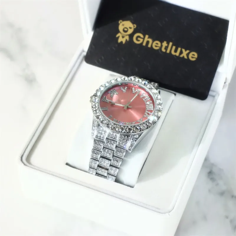 Women's Iced Watch with Roman Numerals Pink Dial sold by Ghetluxe