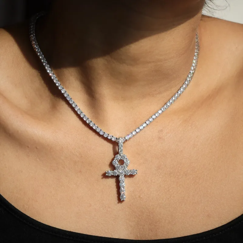 Women's Ankh Key Pendant + 4mm Tennis Chain in White Gold sold by Ghetluxe