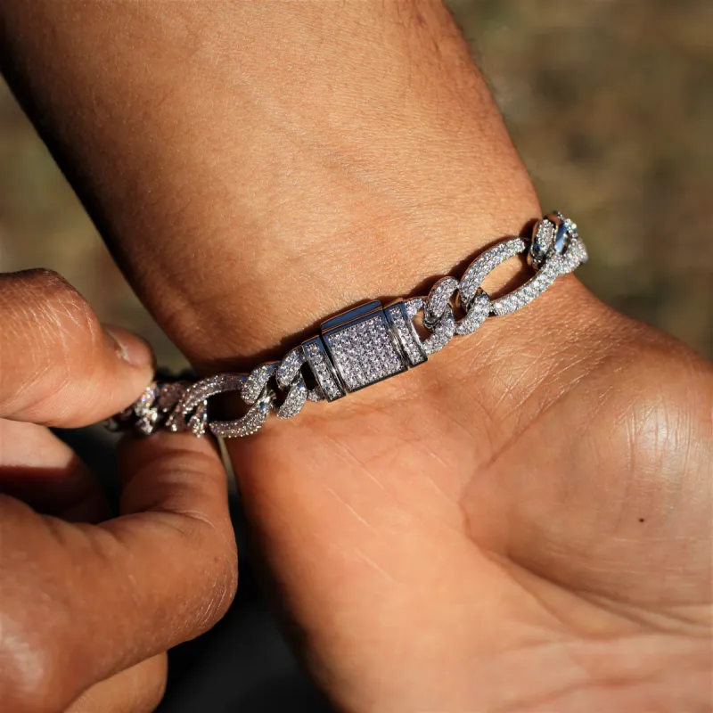 10mm Diamond Figaro Bracelet in White Gold sold by Ghetluxe
