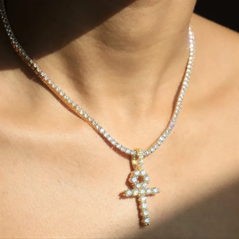 Women's Ankh Key Pendant + 4mm Tennis Chain in Gold sold by Ghetluxe