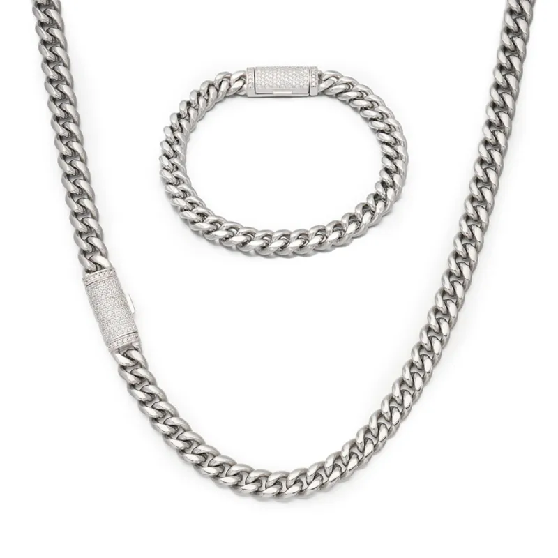 8mm Plain White Gold Cuban Link Chain+Bracelet with Moissanite Box Clasp sold by Ghetluxe