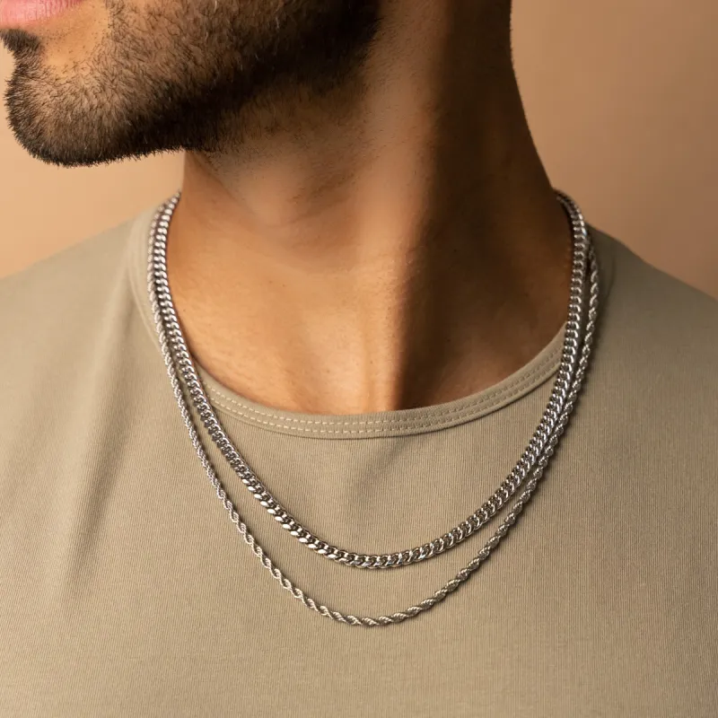 5mm Cuban Link + 3mm Rope Chain Bundle in White Gold sold by Ghetluxe
