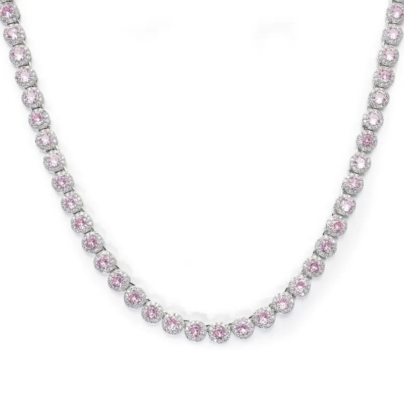 Women's Pink Round Cut Clustered Tennis Necklace White Gold sold by Ghetluxe